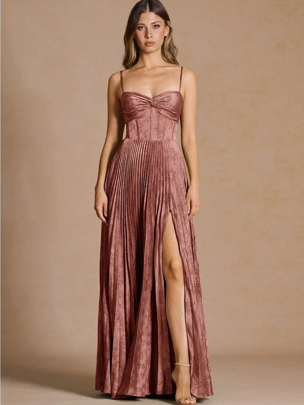 Dusty Rose Pleated Maxi Dress with Side Slit